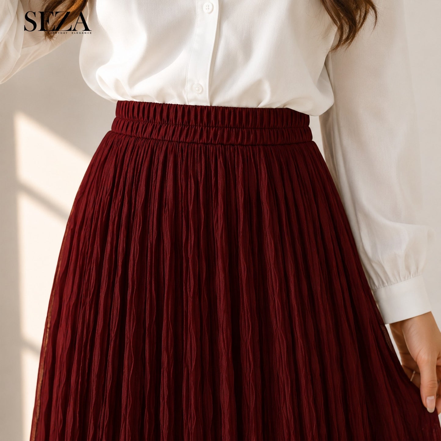 ALMA Crushed Chiffon Skirt in burgundy ( pre- Order )